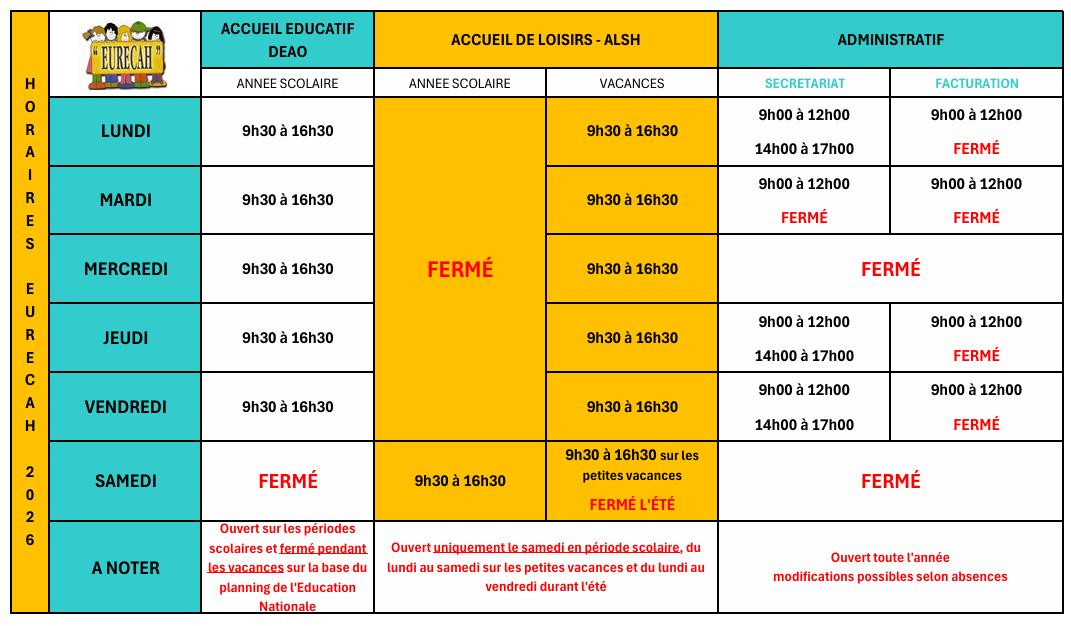 Horaires 2026